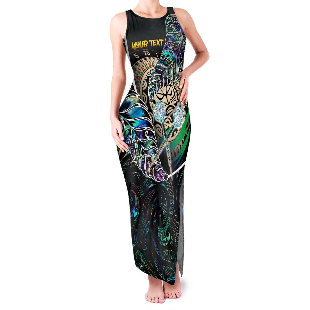 Personalised New Zealand Darts Family Matching Tank Maxi Dress and Hawaiian Shirt NZ Paua Shell Maori Fern DT02 Mom's Dress Black - Polynesian Pride