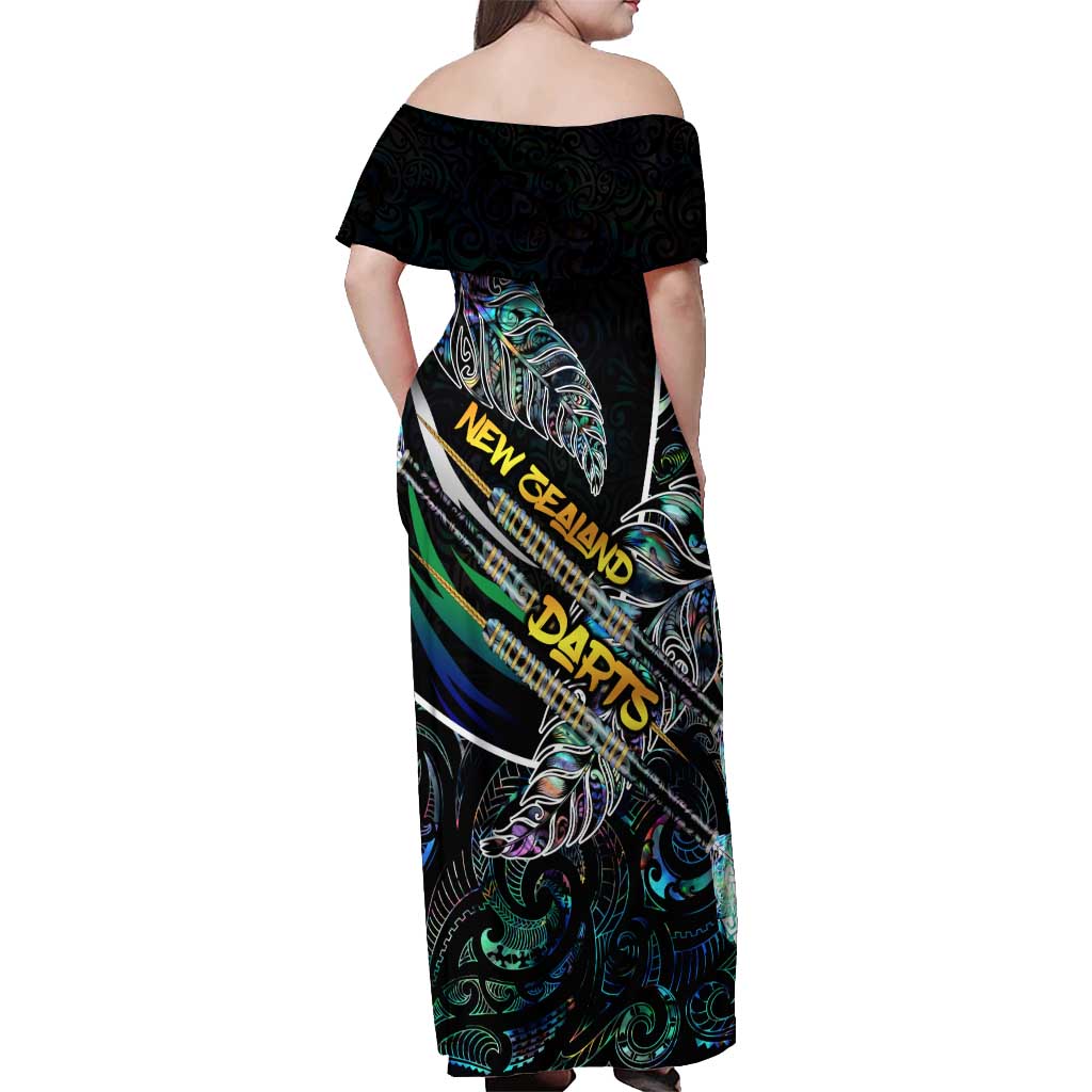 Personalised New Zealand Darts Off Shoulder Maxi Dress NZ Paua Shell Maori Fern