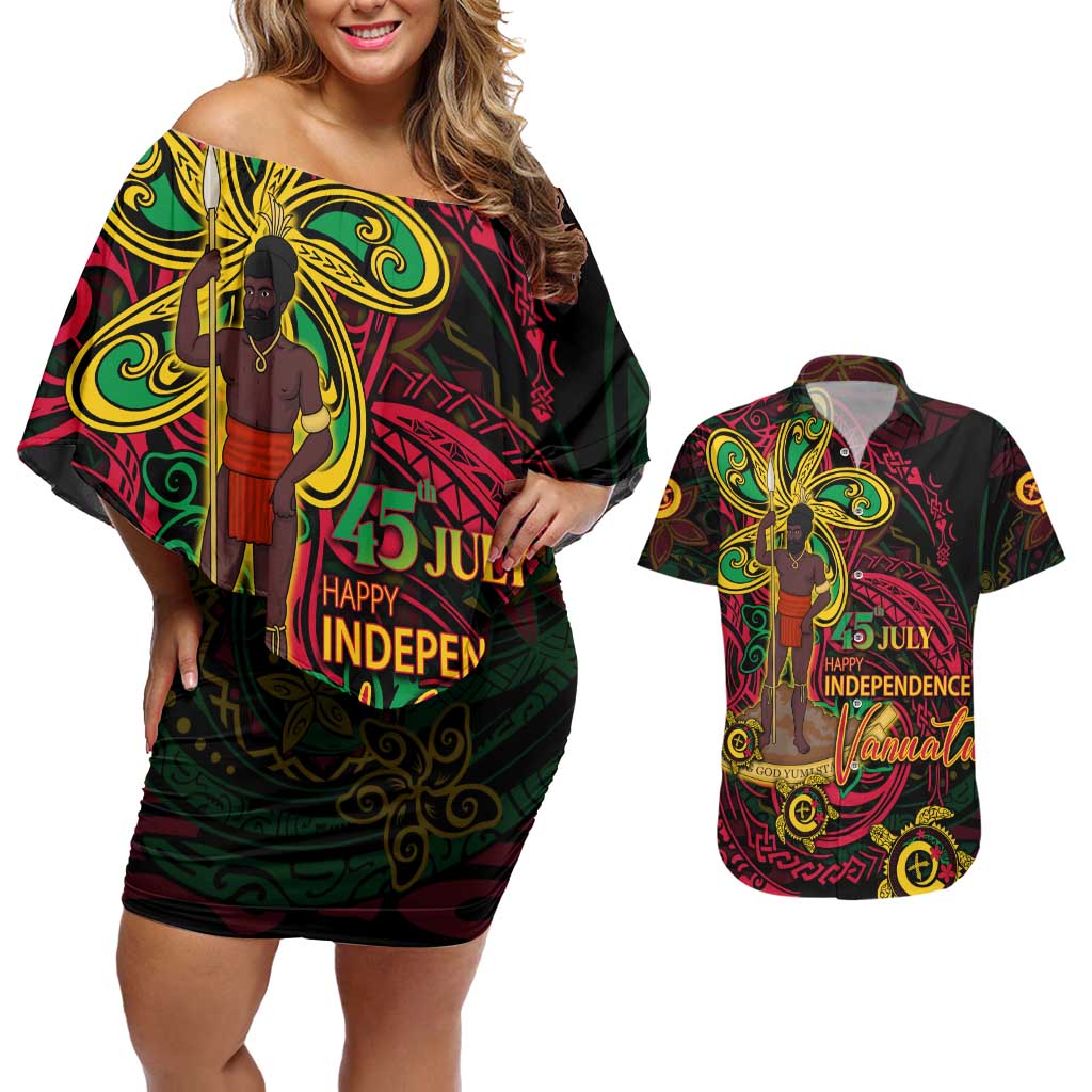 Custom Vanuatu 45th Independence Anniversary Couples Matching Off Shoulder Short Dress and Hawaiian Shirt Flower Melanesian Namele Turtle - Polynesian Pride