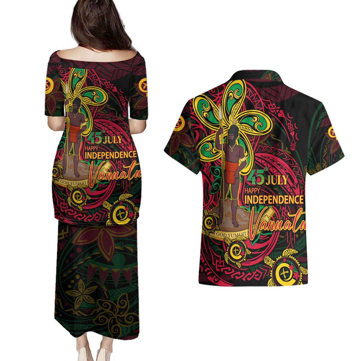 Custom Vanuatu 45th Independence Anniversary Couples Matching Puletasi and Hawaiian Shirt Flower Melanesian Namele Turtle - Polynesian Pride
