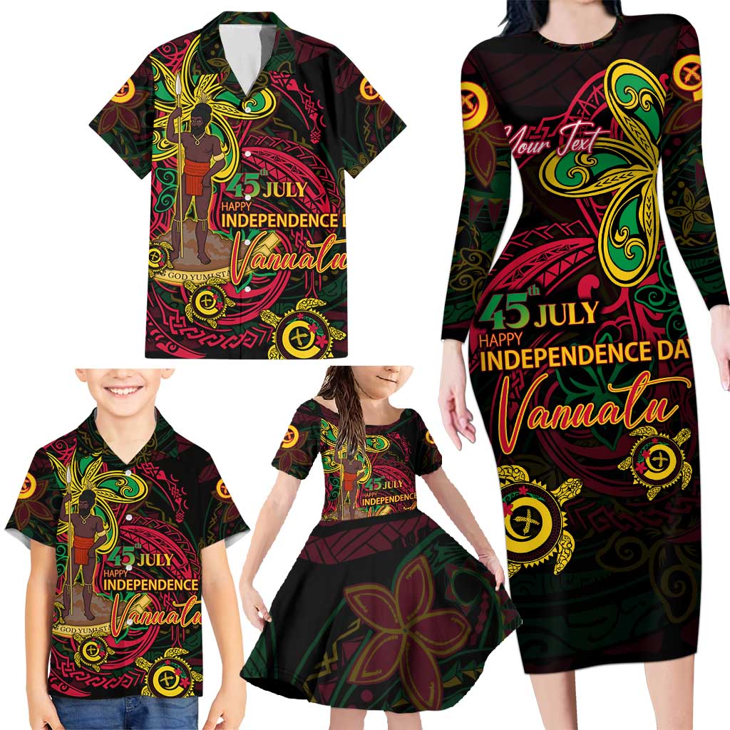 Custom Vanuatu 45th Independence Anniversary Family Matching Long Sleeve Bodycon Dress and Hawaiian Shirt Flower Melanesian Namele Turtle - Polynesian Pride