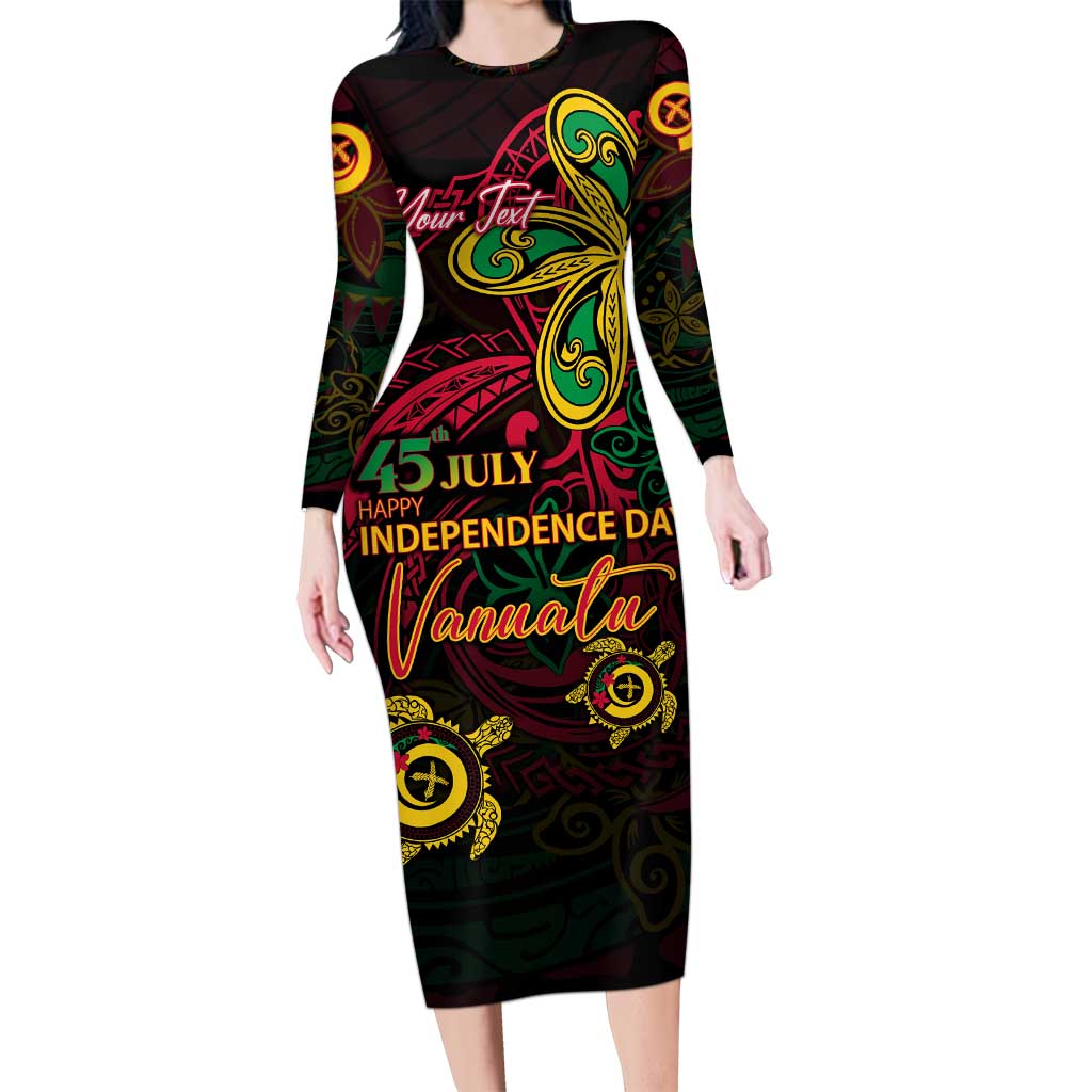 Custom Vanuatu 45th Independence Anniversary Family Matching Long Sleeve Bodycon Dress and Hawaiian Shirt Flower Melanesian Namele Turtle DT02 Mom's Dress Black - Polynesian Pride