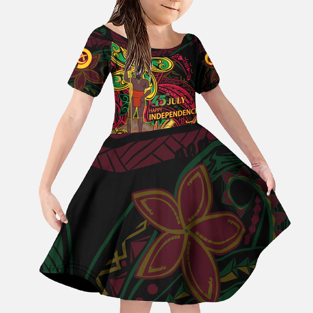 Custom Vanuatu 45th Independence Anniversary Family Matching Off The Shoulder Long Sleeve Dress and Hawaiian Shirt Flower Melanesian Namele Turtle DT02 Daughter's Dress Black - Polynesian Pride