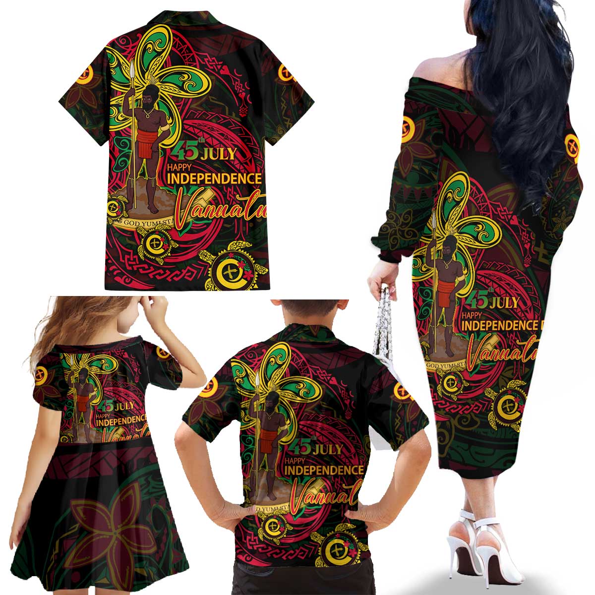 Custom Vanuatu 45th Independence Anniversary Family Matching Off The Shoulder Long Sleeve Dress and Hawaiian Shirt Flower Melanesian Namele Turtle DT02 - Polynesian Pride