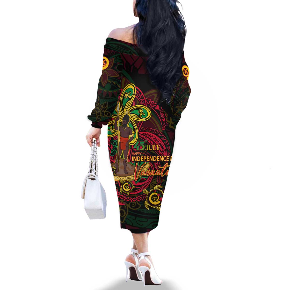 Custom Vanuatu 45th Independence Anniversary Family Matching Off The Shoulder Long Sleeve Dress and Hawaiian Shirt Flower Melanesian Namele Turtle DT02 - Polynesian Pride