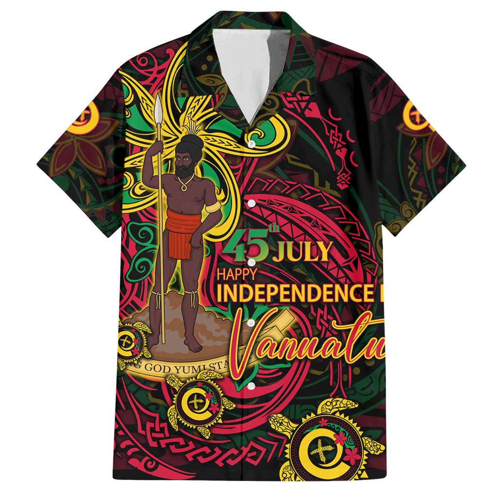 Custom Vanuatu 45th Independence Anniversary Family Matching Off Shoulder Maxi Dress and Hawaiian Shirt Flower Melanesian Namele Turtle DT02 Dad's Shirt - Short Sleeve Black - Polynesian Pride