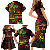 Custom Vanuatu 45th Independence Anniversary Family Matching Short Sleeve Bodycon Dress and Hawaiian Shirt Flower Melanesian Namele Turtle DT02 - Polynesian Pride