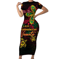 Custom Vanuatu 45th Independence Anniversary Family Matching Short Sleeve Bodycon Dress and Hawaiian Shirt Flower Melanesian Namele Turtle DT02 Mom's Dress Black - Polynesian Pride