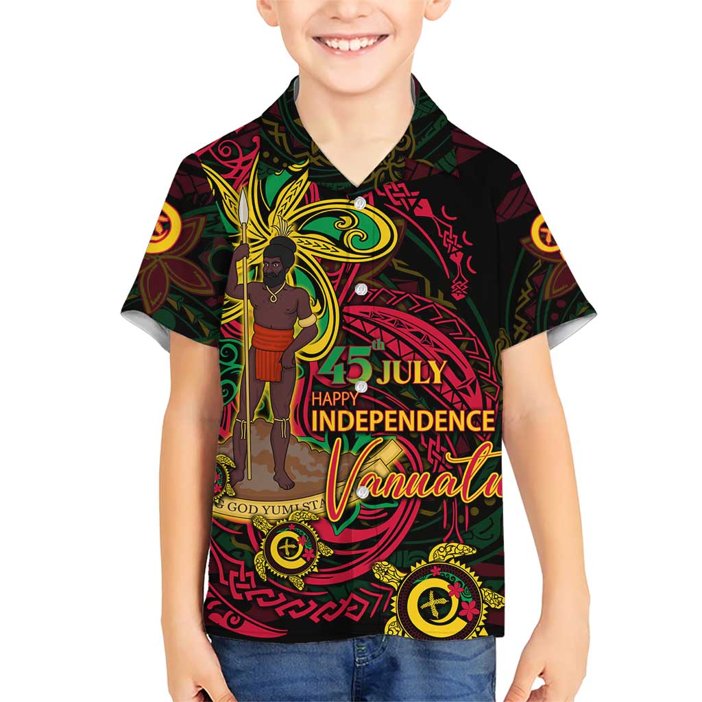 Custom Vanuatu 45th Independence Anniversary Family Matching Short Sleeve Bodycon Dress and Hawaiian Shirt Flower Melanesian Namele Turtle DT02 Son's Shirt Black - Polynesian Pride