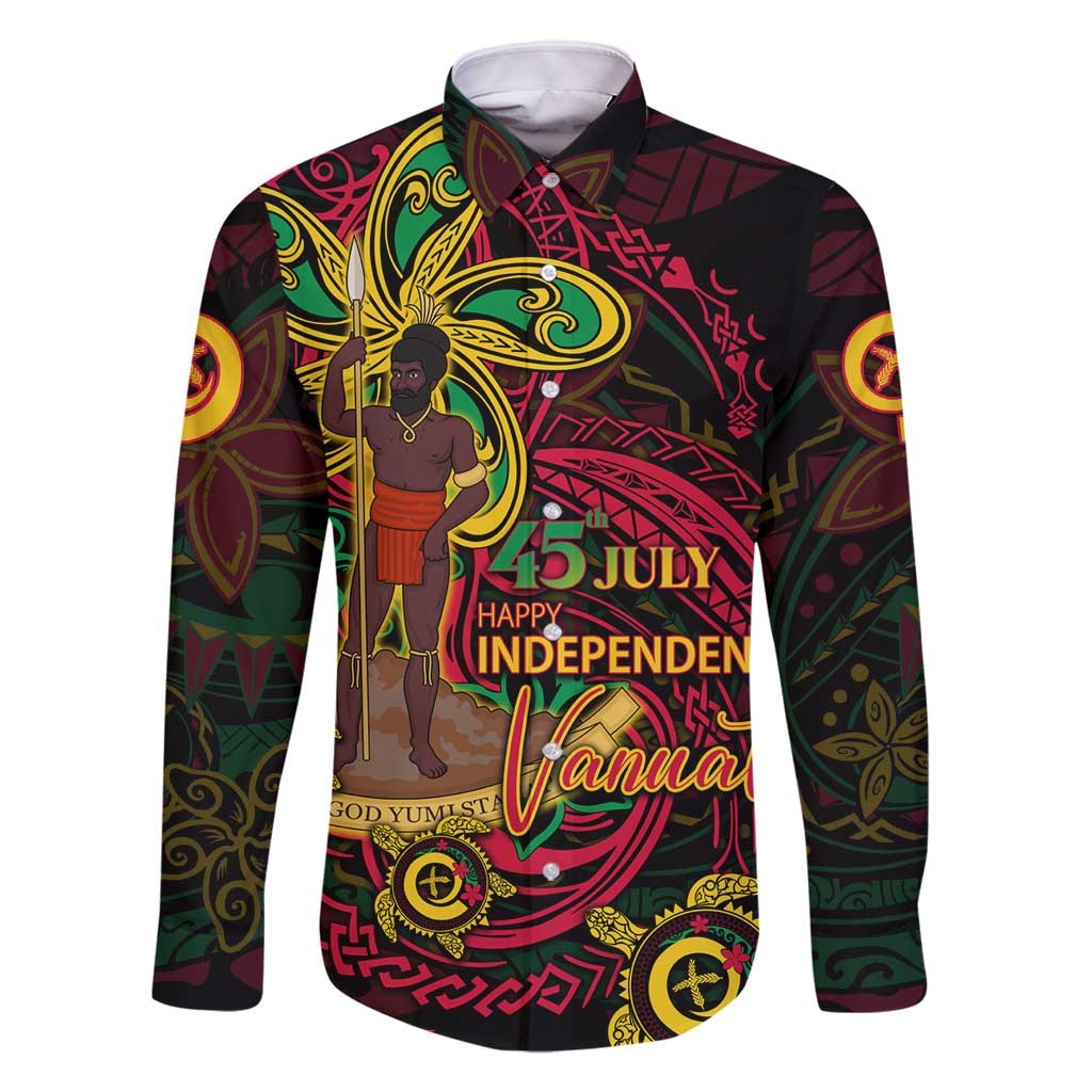 Custom Vanuatu 45th Independence Anniversary Family Matching Tank Maxi Dress and Hawaiian Shirt Flower Melanesian Namele Turtle DT02 Dad's Shirt - Long Sleeve Black - Polynesian Pride