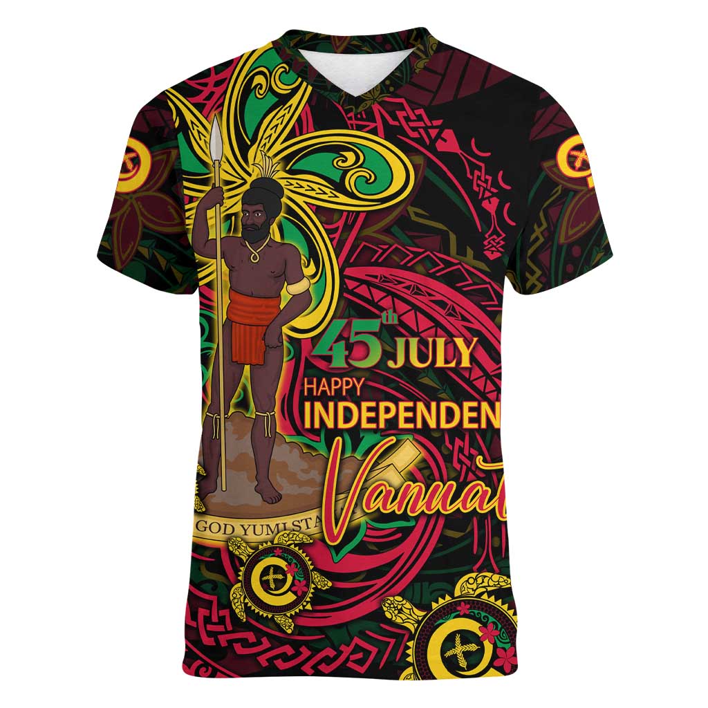 Custom Vanuatu 45th Independence Anniversary Women V-Neck T-Shirt Flower Melanesian Namele Turtle - Polynesian Pride