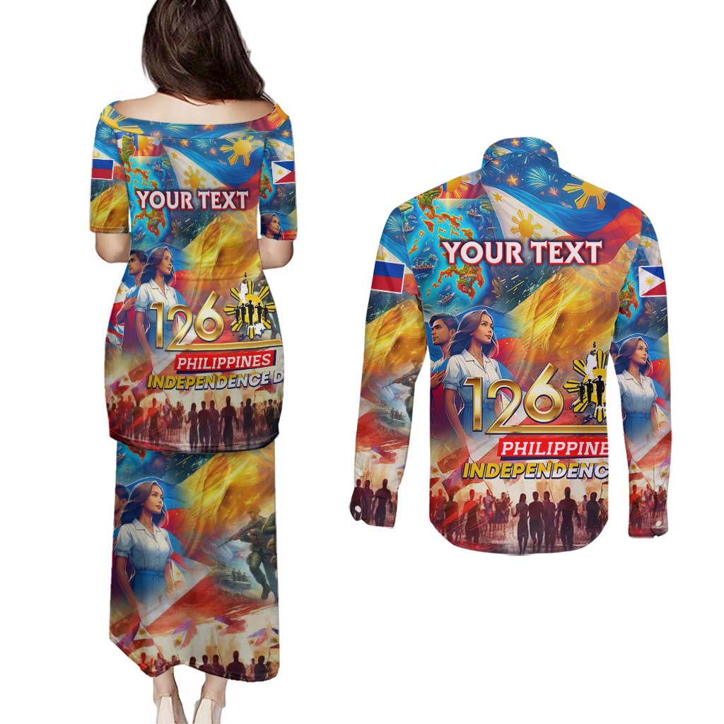 Custom The Philippines 126th Independence Anniversary Couples Matching Puletasi and Long Sleeve Button Shirt Art Style - Polynesian Pride