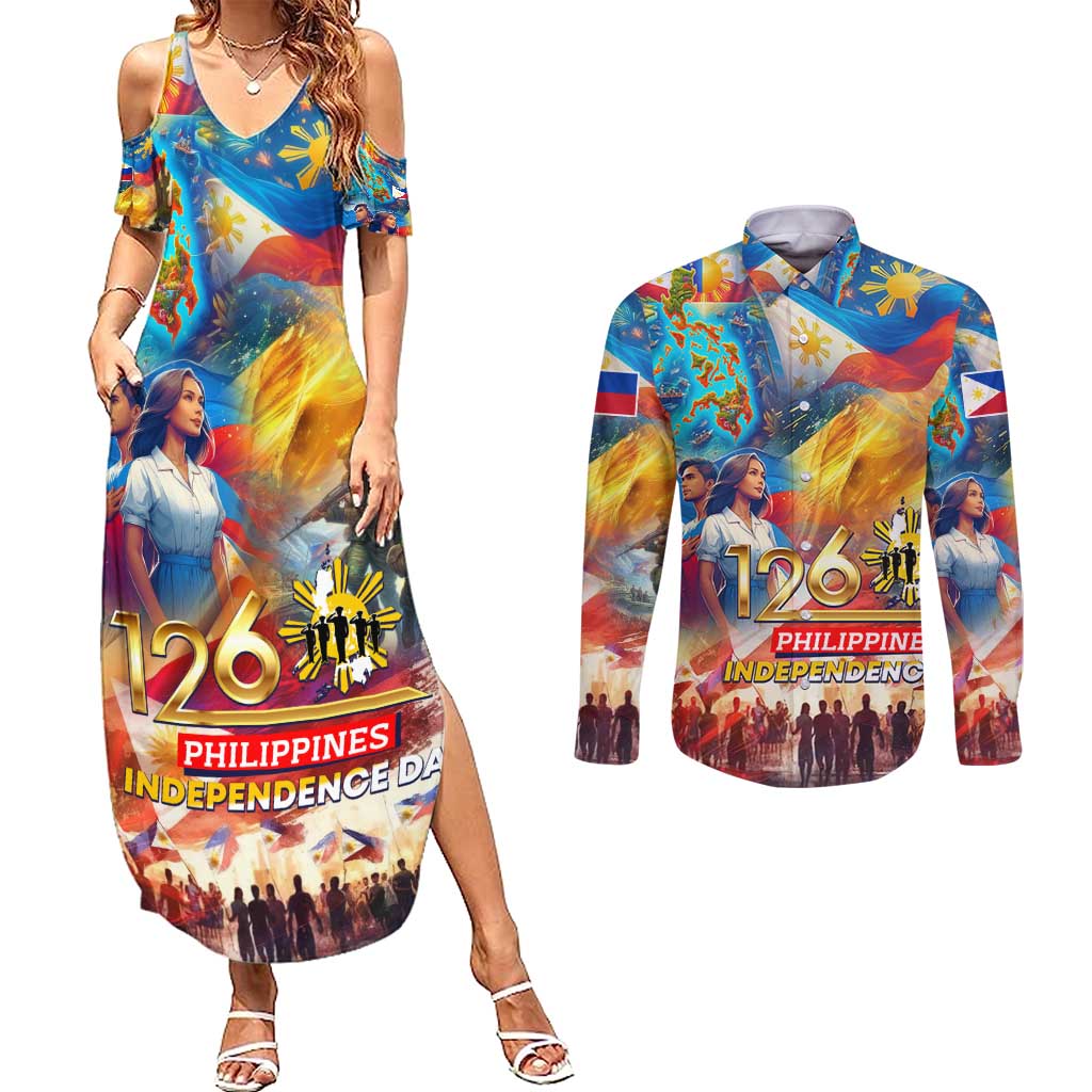 Custom The Philippines 126th Independence Anniversary Couples Matching Summer Maxi Dress and Long Sleeve Button Shirt Art Style - Polynesian Pride