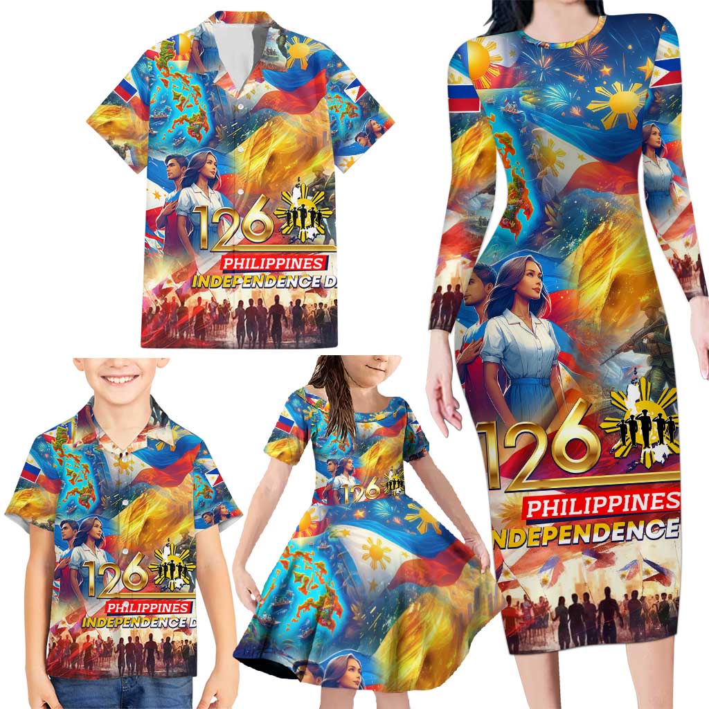 Custom The Philippines 126th Independence Anniversary Family Matching Long Sleeve Bodycon Dress and Hawaiian Shirt Art Style DT02 - Polynesian Pride