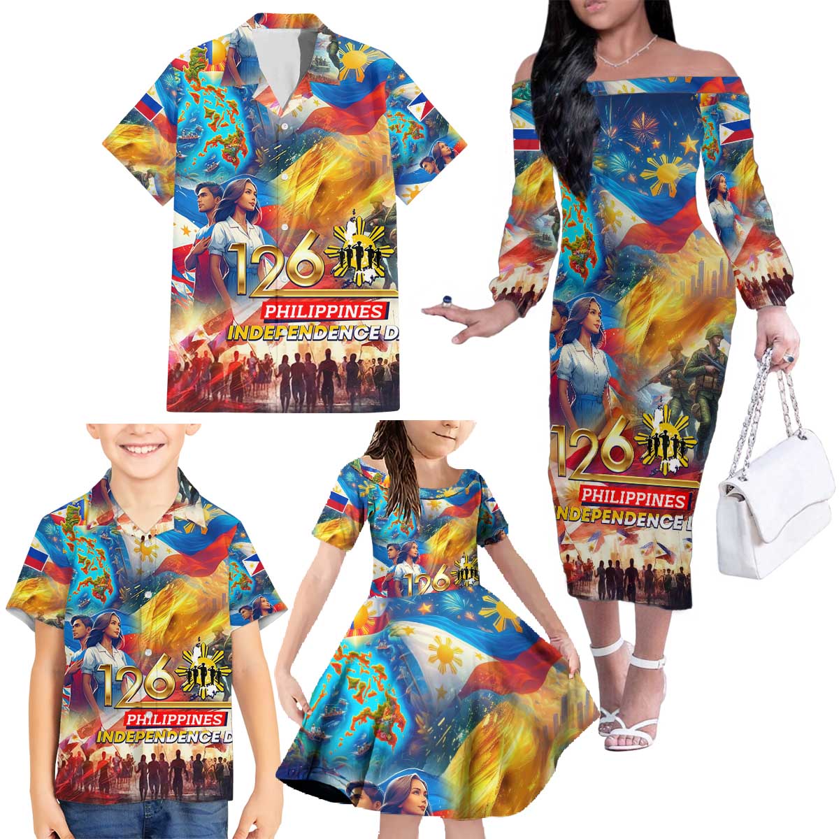 Custom The Philippines 126th Independence Anniversary Family Matching Off The Shoulder Long Sleeve Dress and Hawaiian Shirt Art Style DT02 - Polynesian Pride