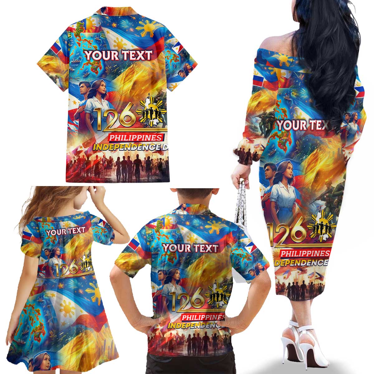 Custom The Philippines 126th Independence Anniversary Family Matching Off The Shoulder Long Sleeve Dress and Hawaiian Shirt Art Style DT02 - Polynesian Pride