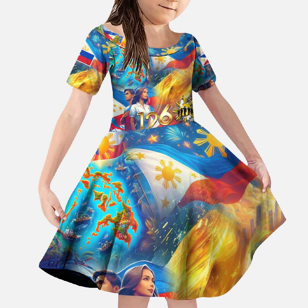 Custom The Philippines 126th Independence Anniversary Family Matching Short Sleeve Bodycon Dress and Hawaiian Shirt Art Style DT02 Daughter's Dress Art - Polynesian Pride