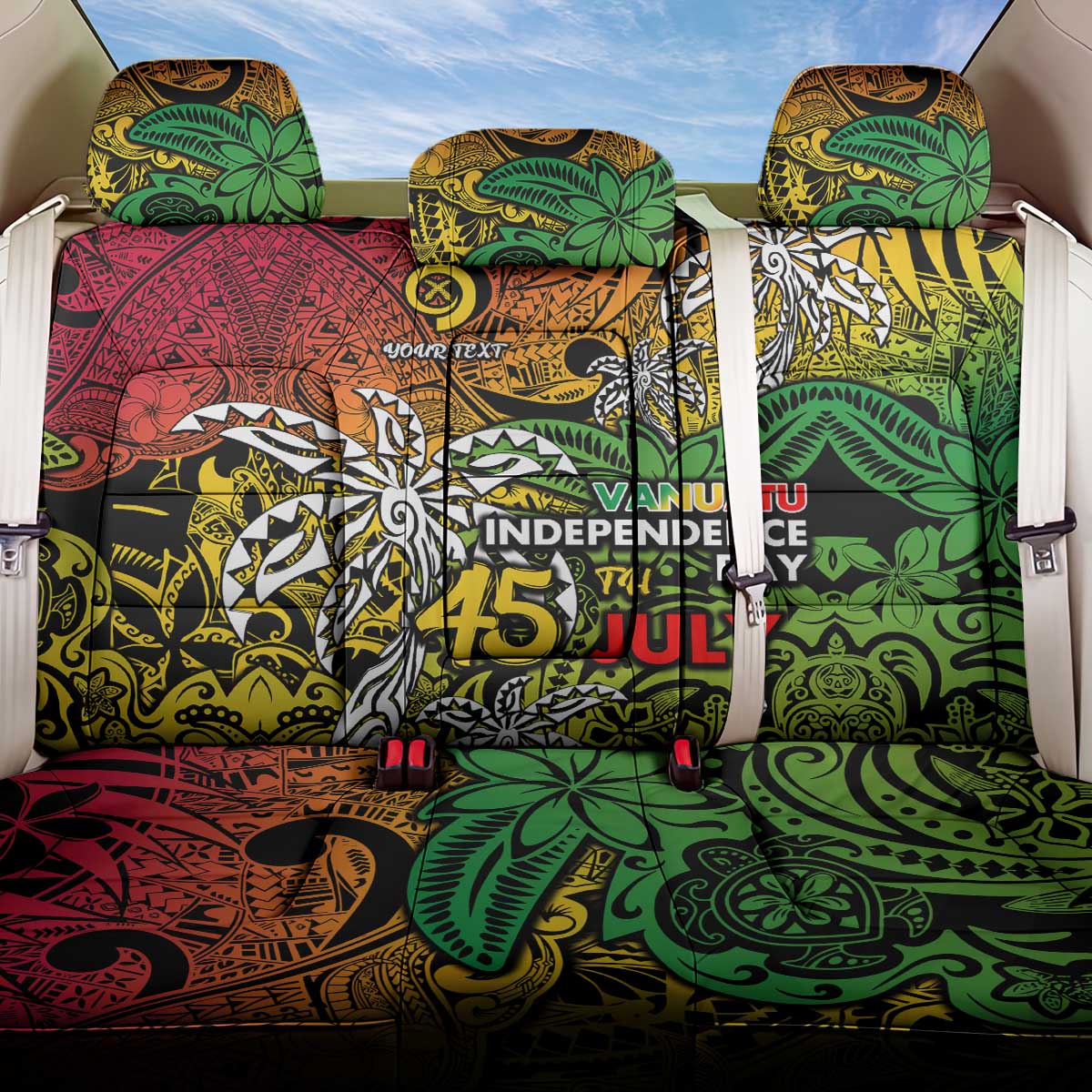 Personalized Vanuatu 45th Independence Anniversary Back Car Seat Cover Melanesian Pattern Reggae - Polynesian Pride