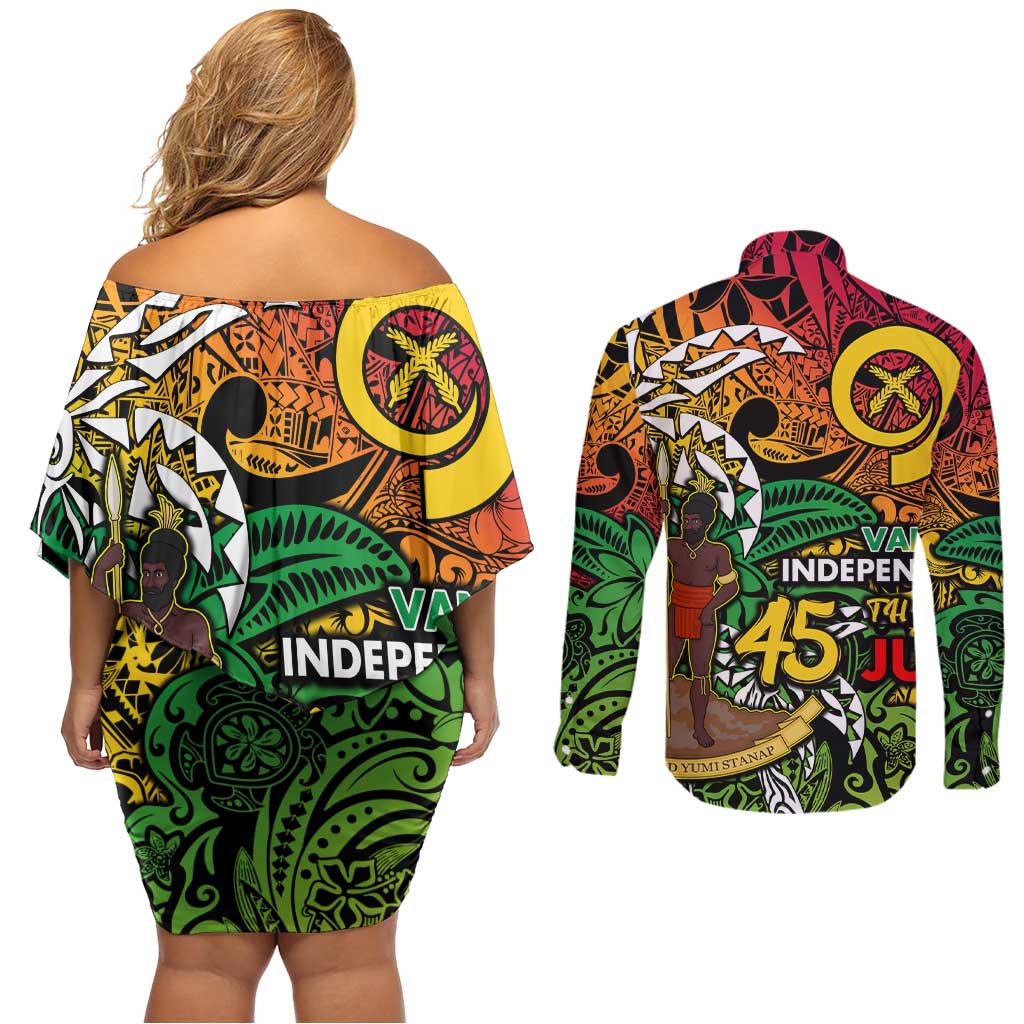 Personalized Vanuatu 45th Independence Anniversary Couples Matching Off Shoulder Short Dress and Long Sleeve Button Shirt Melanesian Pattern Reggae DT02 - Polynesian Pride