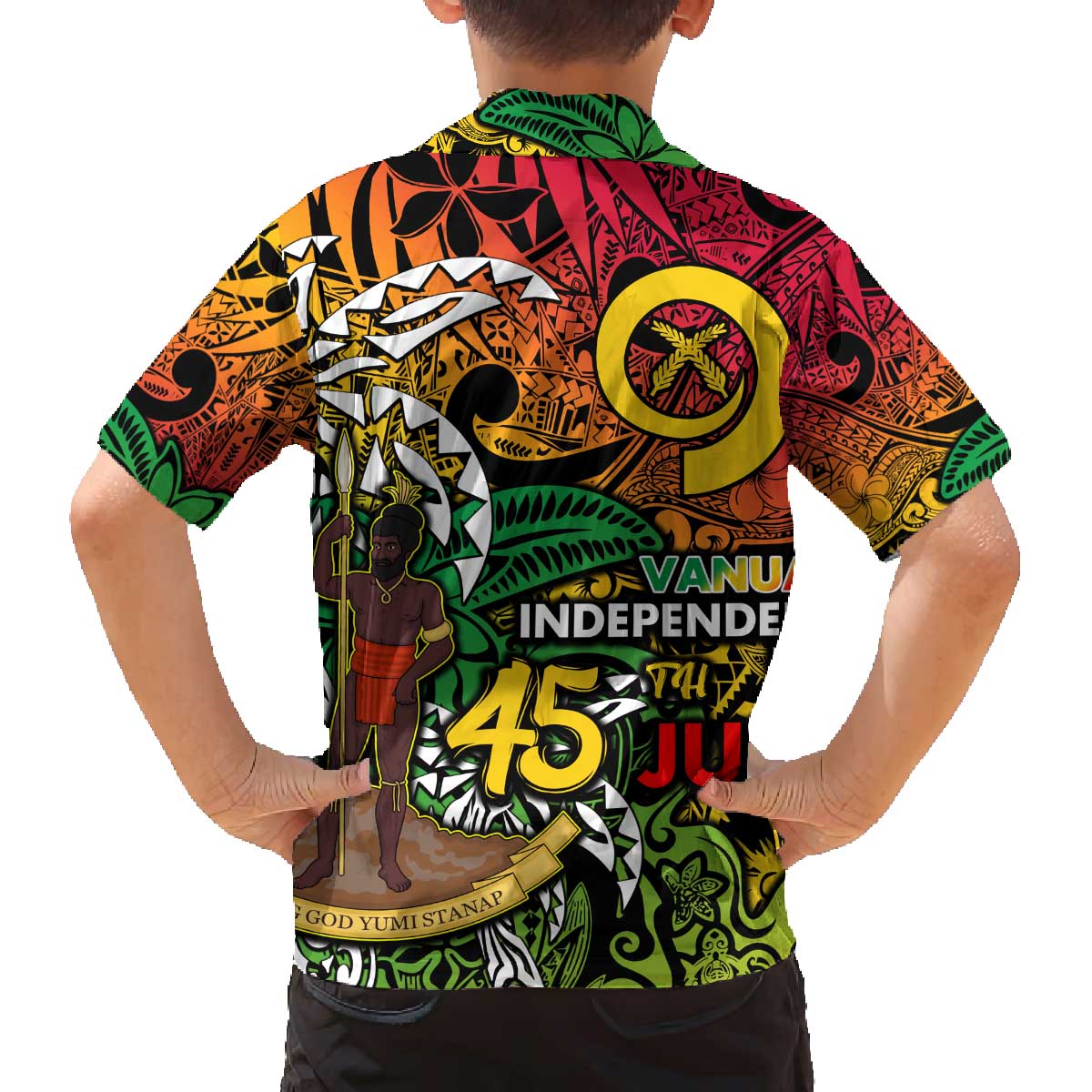 Personalized Vanuatu 45th Independence Anniversary Family Matching Off The Shoulder Long Sleeve Dress and Hawaiian Shirt Melanesian Pattern Reggae - Polynesian Pride
