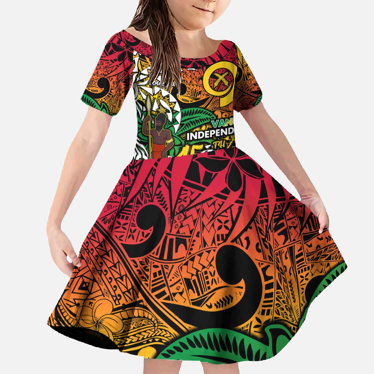 Personalized Vanuatu 45th Independence Anniversary Family Matching Off The Shoulder Long Sleeve Dress and Hawaiian Shirt Melanesian Pattern Reggae - Polynesian Pride
