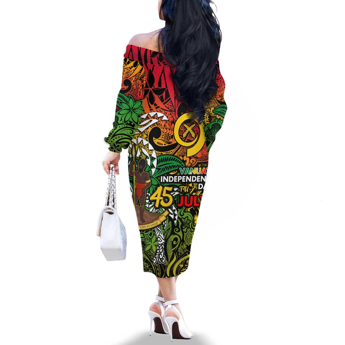 Personalized Vanuatu 45th Independence Anniversary Family Matching Off The Shoulder Long Sleeve Dress and Hawaiian Shirt Melanesian Pattern Reggae - Polynesian Pride
