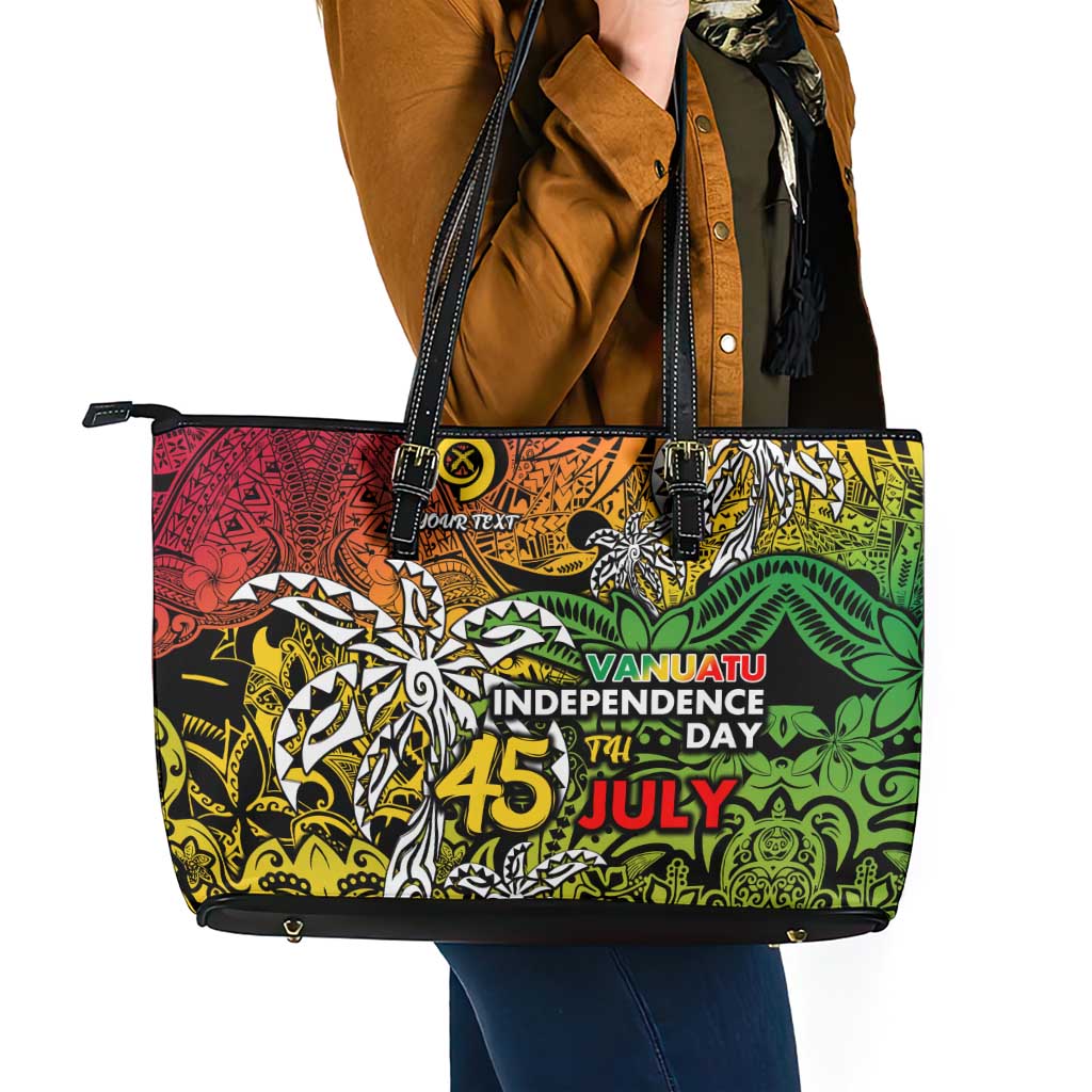 Personalized Vanuatu 45th Independence Anniversary Leather Tote Bag Melanesian Pattern Reggae - Polynesian Pride