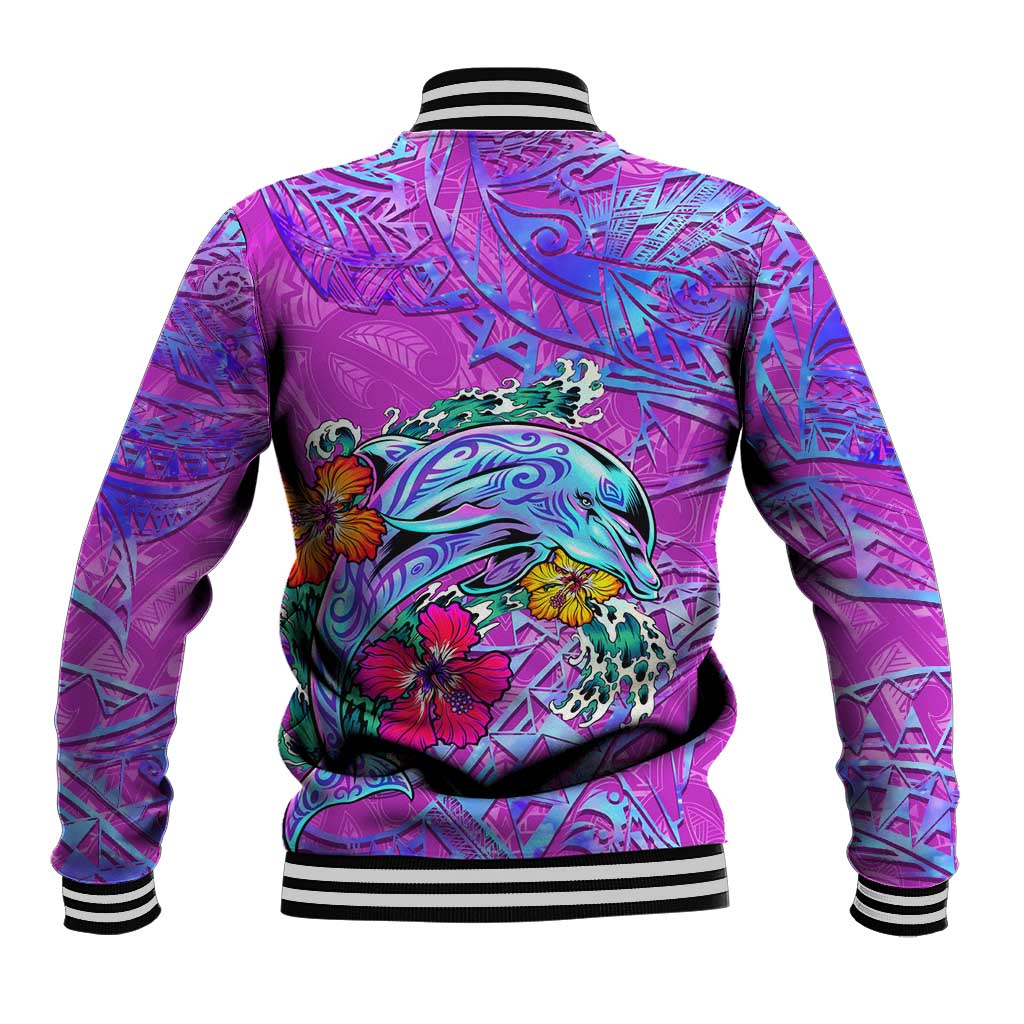 Personalized Dolphin Polynesia Baseball Jacket Hibiscus Tropical Wave - Purple Vibes