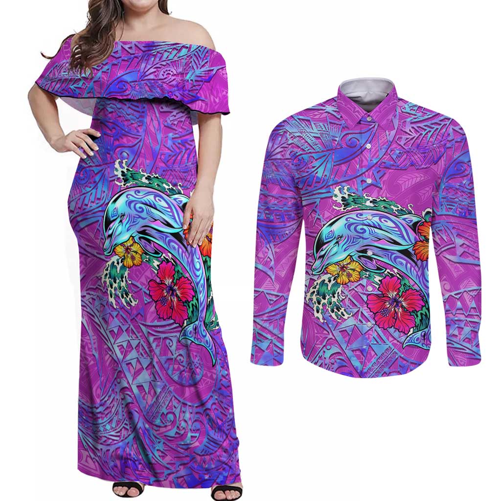 Dolphin Polynesia Couples Matching Off Shoulder Maxi Dress and Long Sleeve Button Shirt Hibiscus Tropical Wave - Purple Vibes DT02 Purple - Polynesian Pride