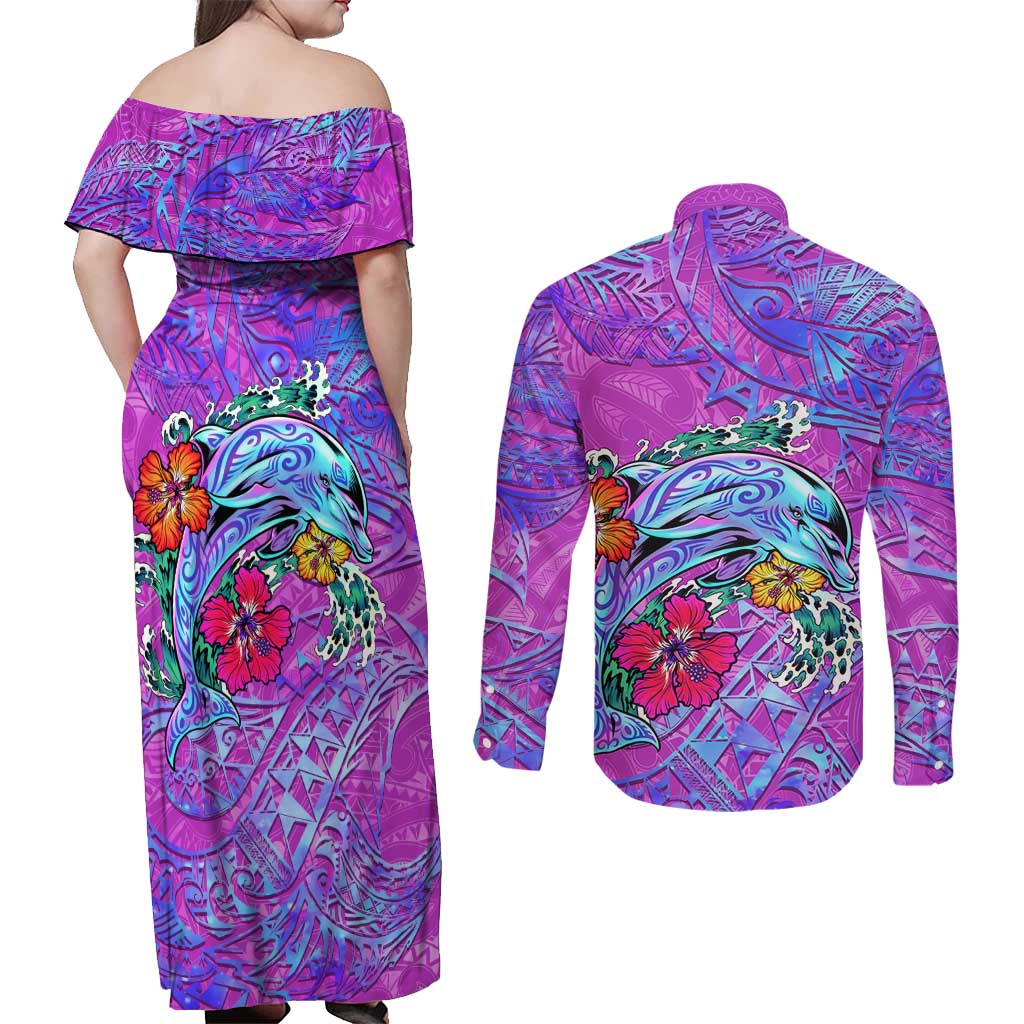Dolphin Polynesia Couples Matching Off Shoulder Maxi Dress and Long Sleeve Button Shirt Hibiscus Tropical Wave - Purple Vibes DT02 - Polynesian Pride