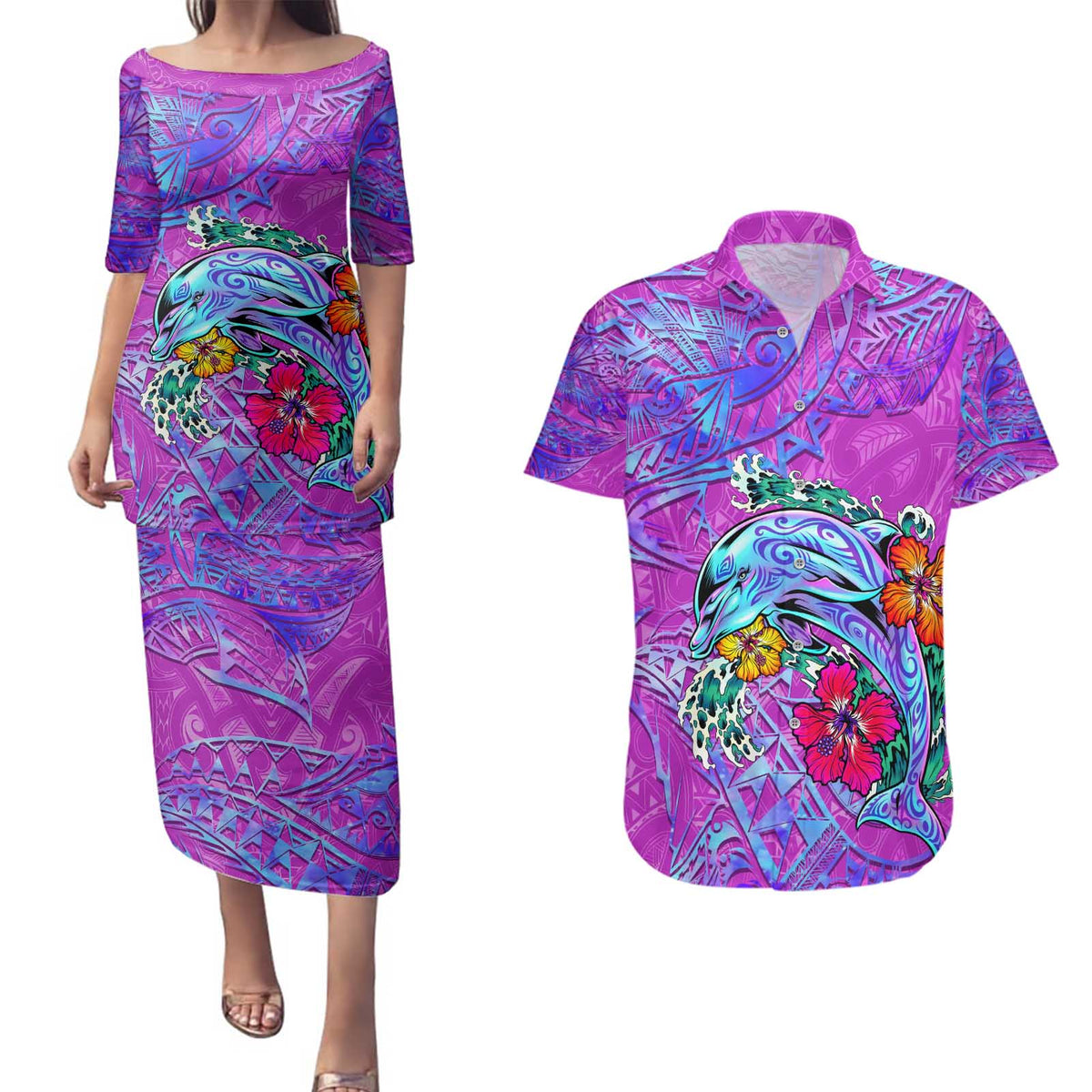 Personalized Dolphin Polynesia Couples Matching Puletasi and Hawaiian Shirt Hibiscus Tropical Wave - Purple Vibes