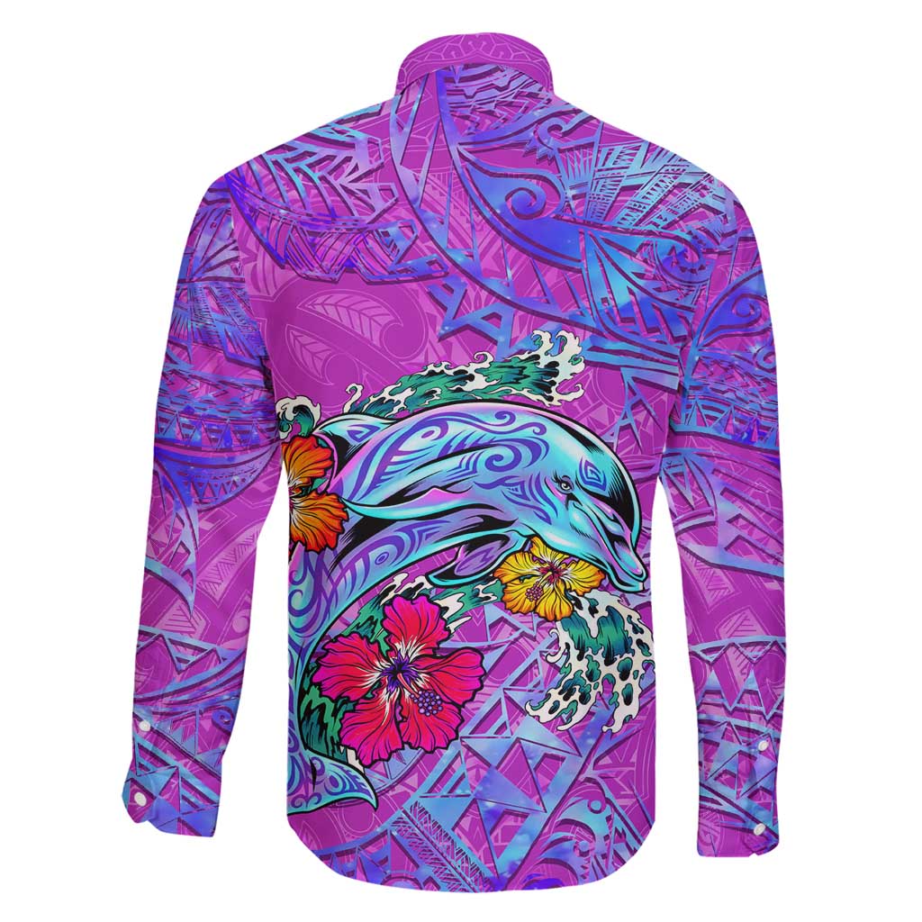 Personalized Dolphin Polynesia Family Matching Long Sleeve Bodycon Dress and Hawaiian Shirt Hibiscus Tropical Wave - Purple Vibes