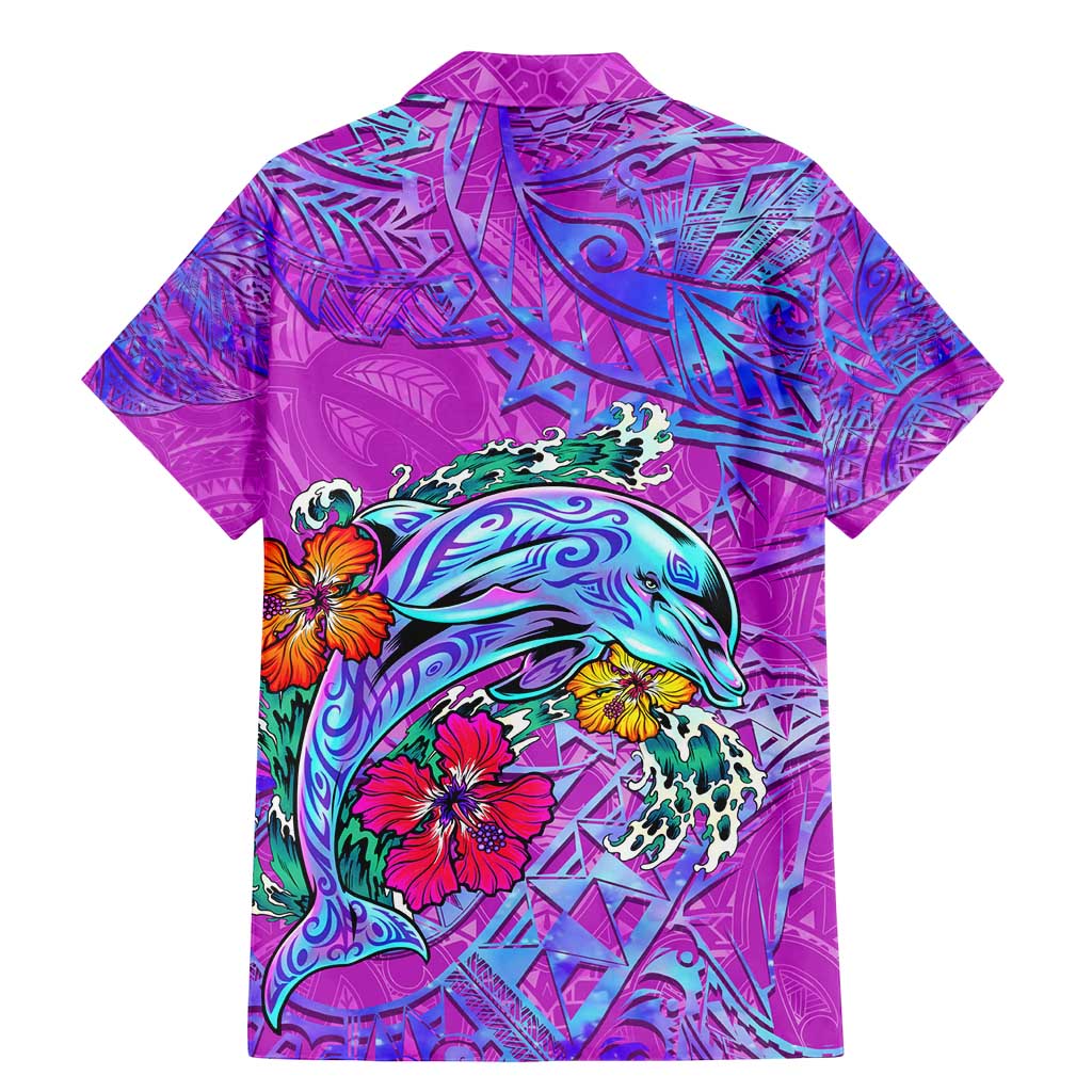 Personalized Dolphin Polynesia Family Matching Mermaid Dress and Hawaiian Shirt Hibiscus Tropical Wave - Purple Vibes
