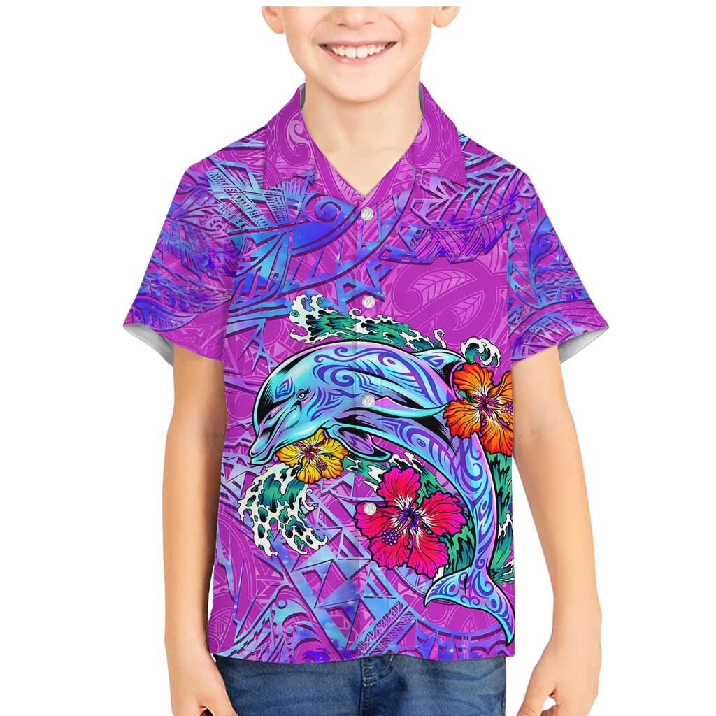 Personalized Dolphin Polynesia Family Matching Mermaid Dress and Hawaiian Shirt Hibiscus Tropical Wave - Purple Vibes