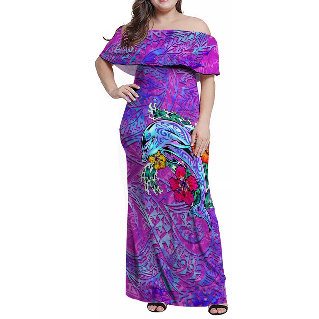 Personalized Dolphin Polynesia Family Matching Off Shoulder Maxi Dress and Hawaiian Shirt Hibiscus Tropical Wave - Purple Vibes