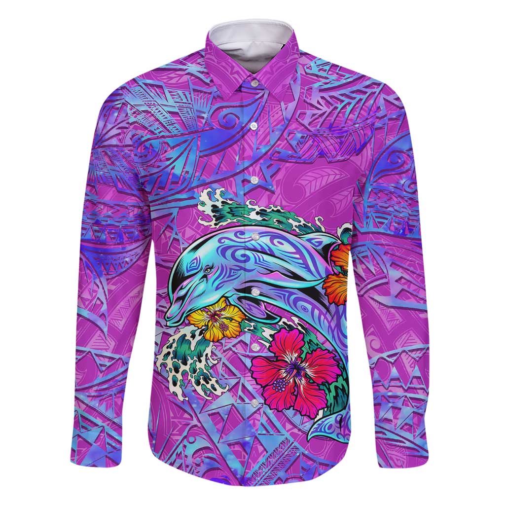 Personalized Dolphin Polynesia Family Matching Off Shoulder Short Dress and Hawaiian Shirt Hibiscus Tropical Wave - Purple Vibes