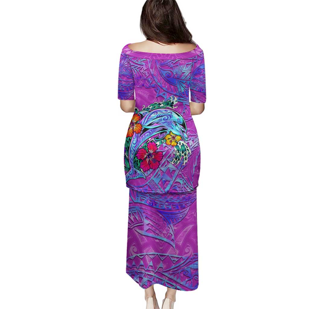 Personalized Dolphin Polynesia Family Matching Puletasi and Hawaiian Shirt Hibiscus Tropical Wave - Purple Vibes
