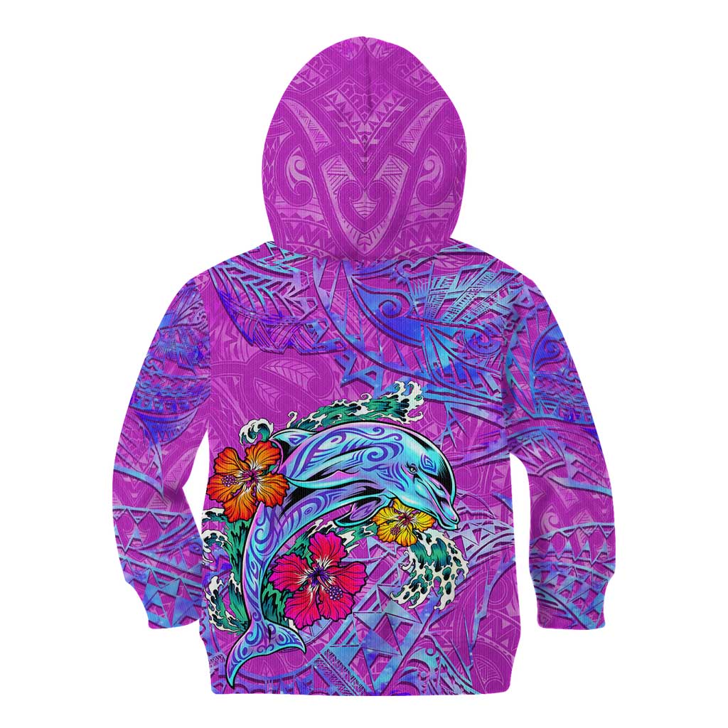 Dolphin Polynesia Kid Hoodie Hibiscus Tropical Wave - Purple Vibes DT02 - Polynesian Pride