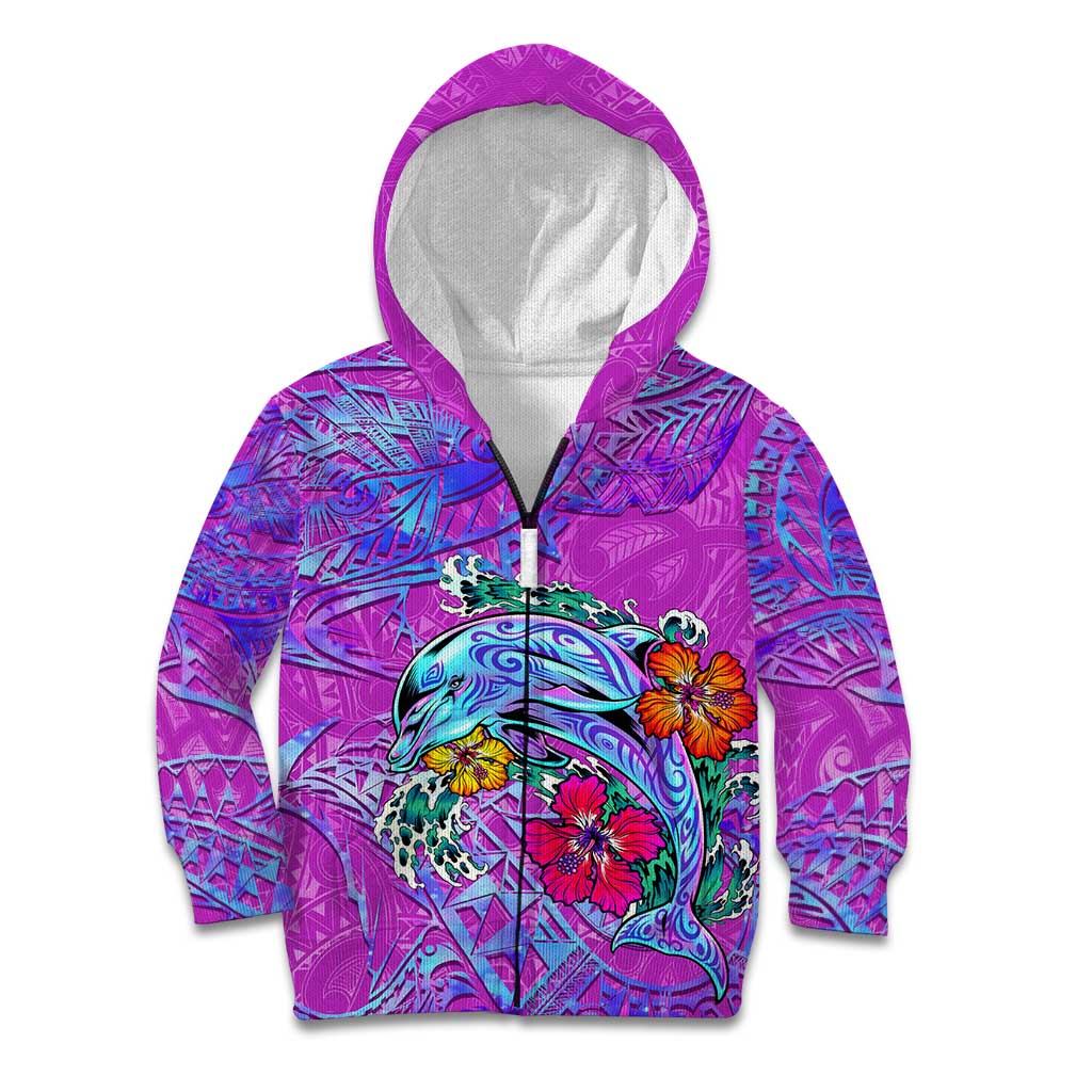 Dolphin Polynesia Kid Hoodie Hibiscus Tropical Wave - Purple Vibes DT02 Zip Hoodie Purple - Polynesian Pride