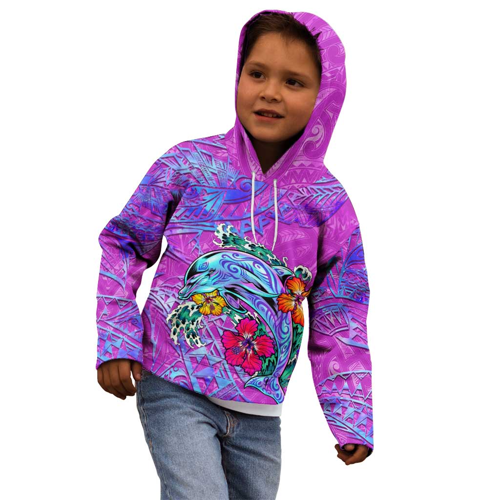 Dolphin Polynesia Kid Hoodie Hibiscus Tropical Wave - Purple Vibes DT02 - Polynesian Pride