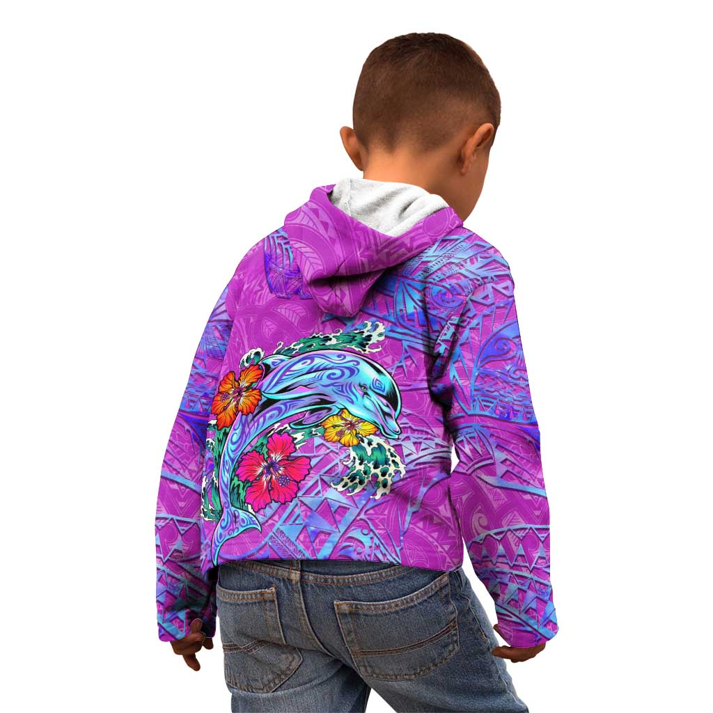 Dolphin Polynesia Kid Hoodie Hibiscus Tropical Wave - Purple Vibes DT02 - Polynesian Pride