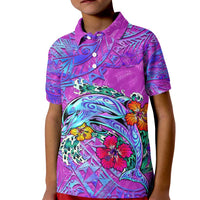 Personalized Dolphin Polynesia Kid Polo Shirt Hibiscus Tropical Wave - Purple Vibes