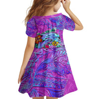 Personalized Dolphin Polynesia Kid Short Sleeve Dress Hibiscus Tropical Wave - Purple Vibes