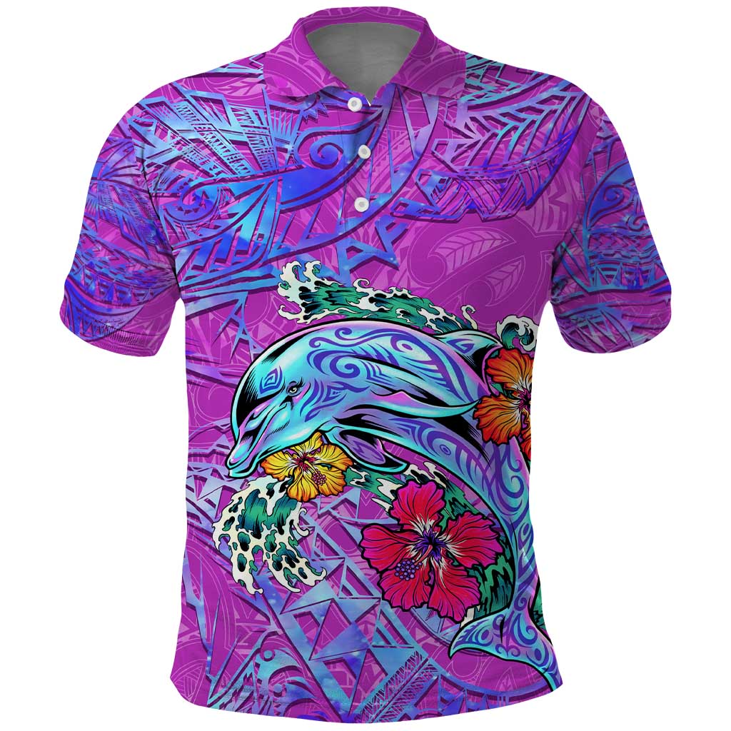 Personalized Dolphin Polynesia Polo Shirt Hibiscus Tropical Wave - Purple Vibes
