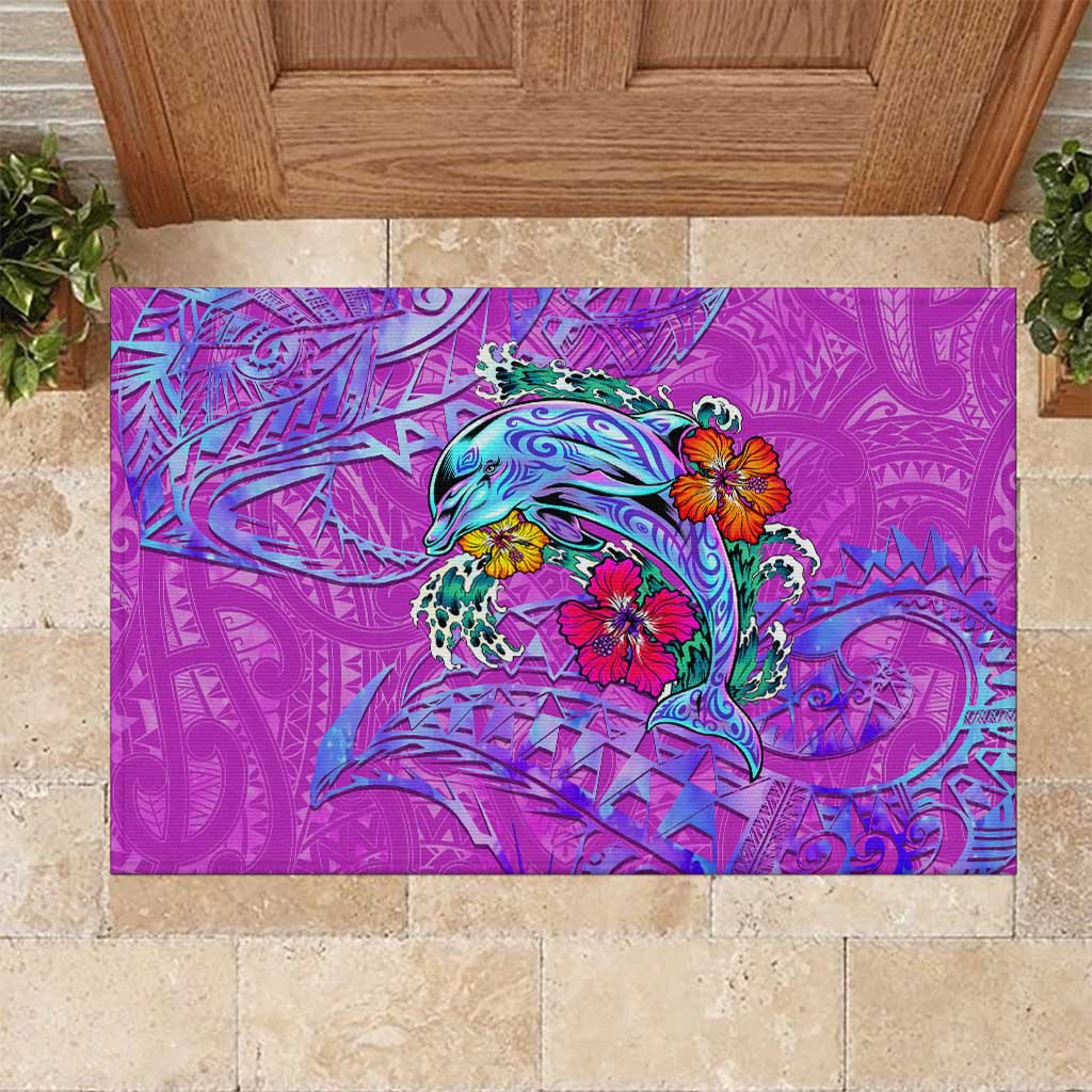 Dolphin Polynesia Rubber Doormat Hibiscus Tropical Wave - Purple Vibes