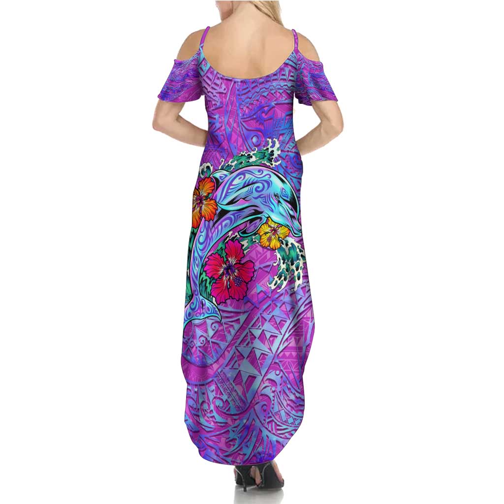 Dolphin Polynesia Summer Maxi Dress Hibiscus Tropical Wave - Purple Vibes DT02 - Polynesian Pride