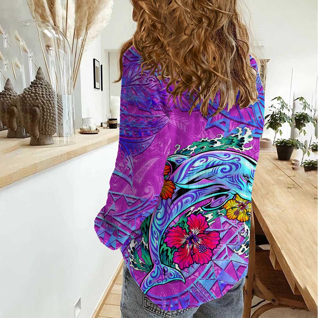 Personalized Dolphin Polynesia Women Casual Shirt Hibiscus Tropical Wave - Purple Vibes