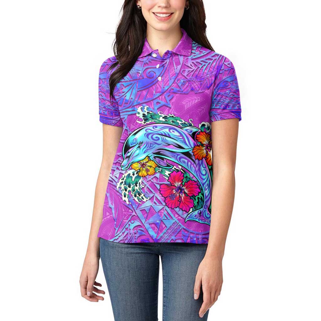 Personalized Dolphin Polynesia Women Polo Shirt Hibiscus Tropical Wave - Purple Vibes