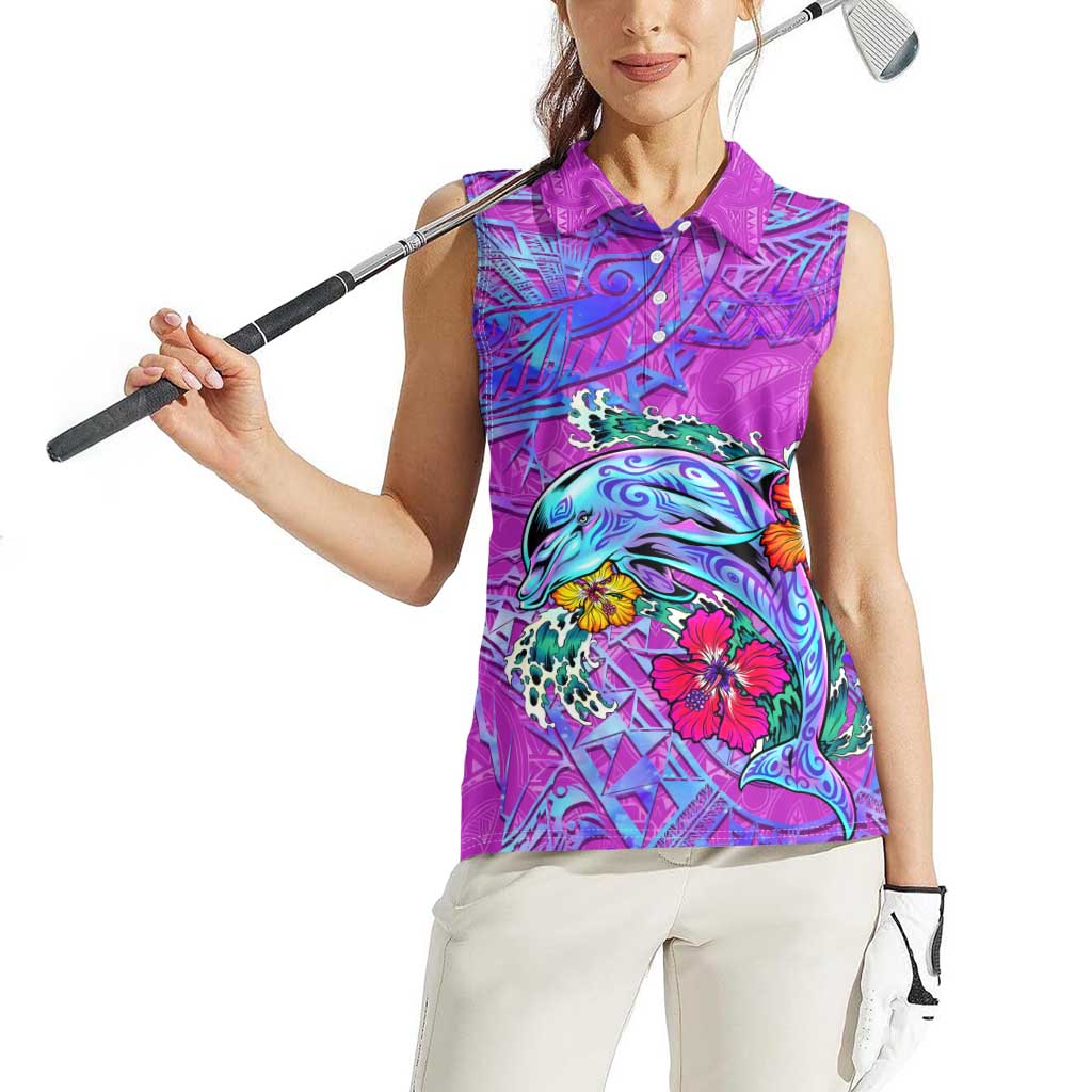 Personalized Dolphin Polynesia Women Sleeveless Polo Shirt Hibiscus Tropical Wave - Purple Vibes