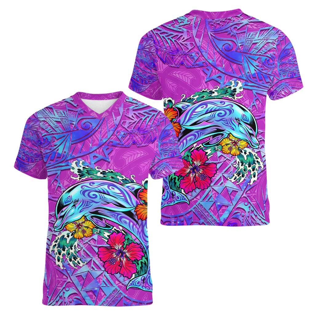 Personalized Dolphin Polynesia Women V-Neck T-Shirt Hibiscus Tropical Wave - Purple Vibes